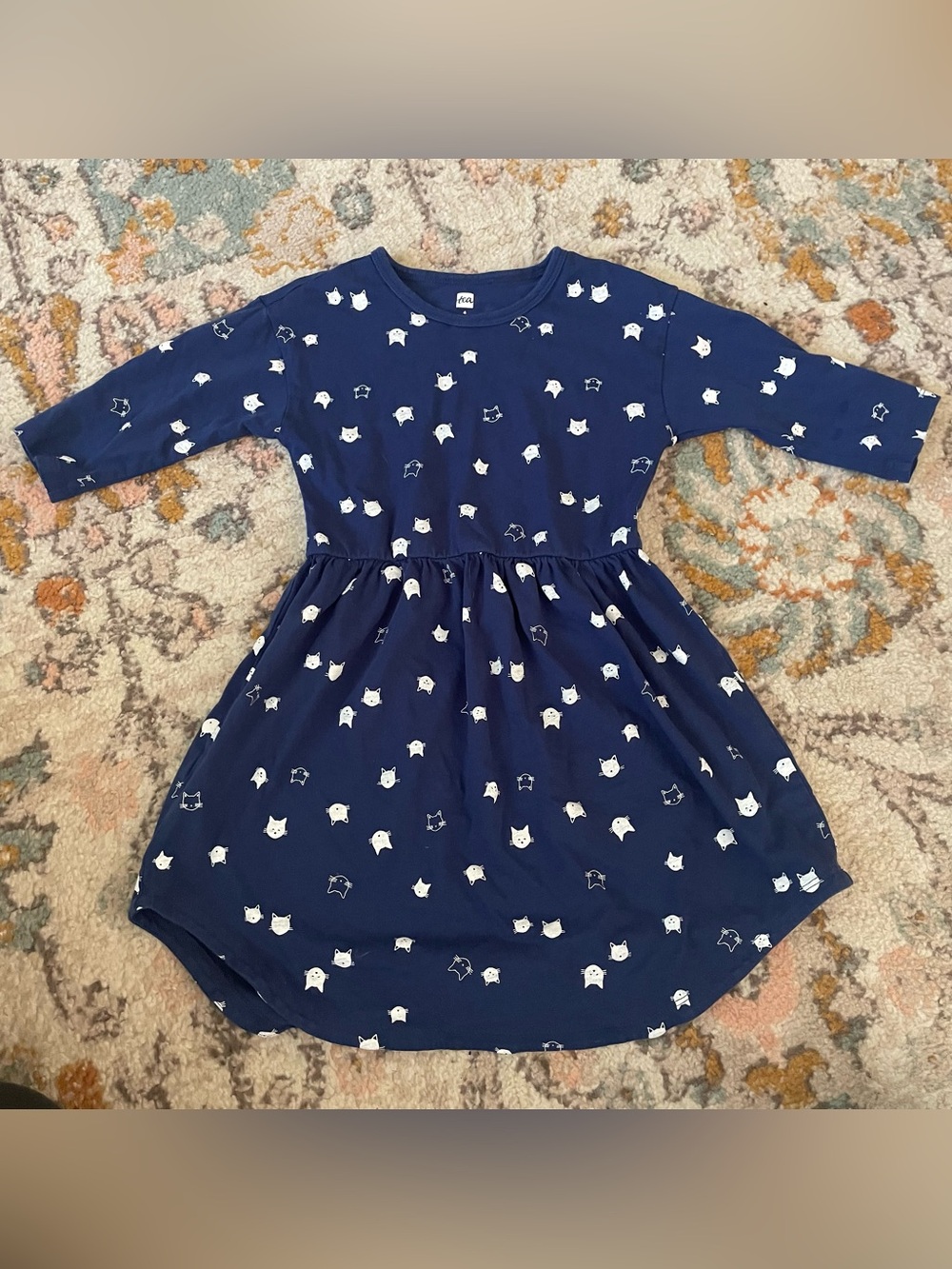 Tea Collection Navy Cat Print 3/4 Sleeve Dress